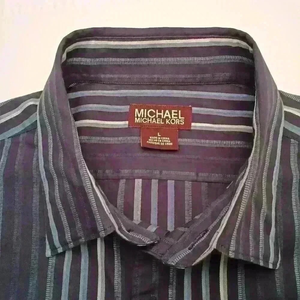Michael Kors Men Button Down Shirt Purple Blue Size L Striped Long Sleeve Cotton
